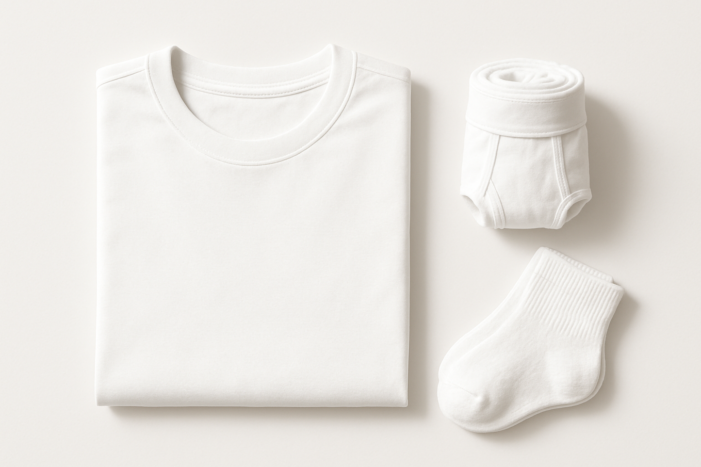 Creat an image that features our men's bundle for a t-shirt, underwear, and socks. all colors are white. keep the underwear rolled up