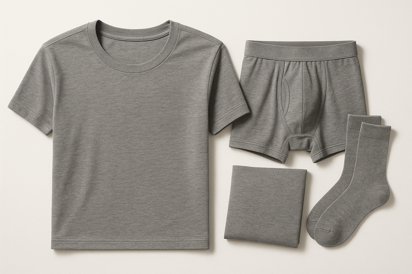 create an image that features our men's casual travel bundle of tshirt, underwear, and socks. the colors are grey