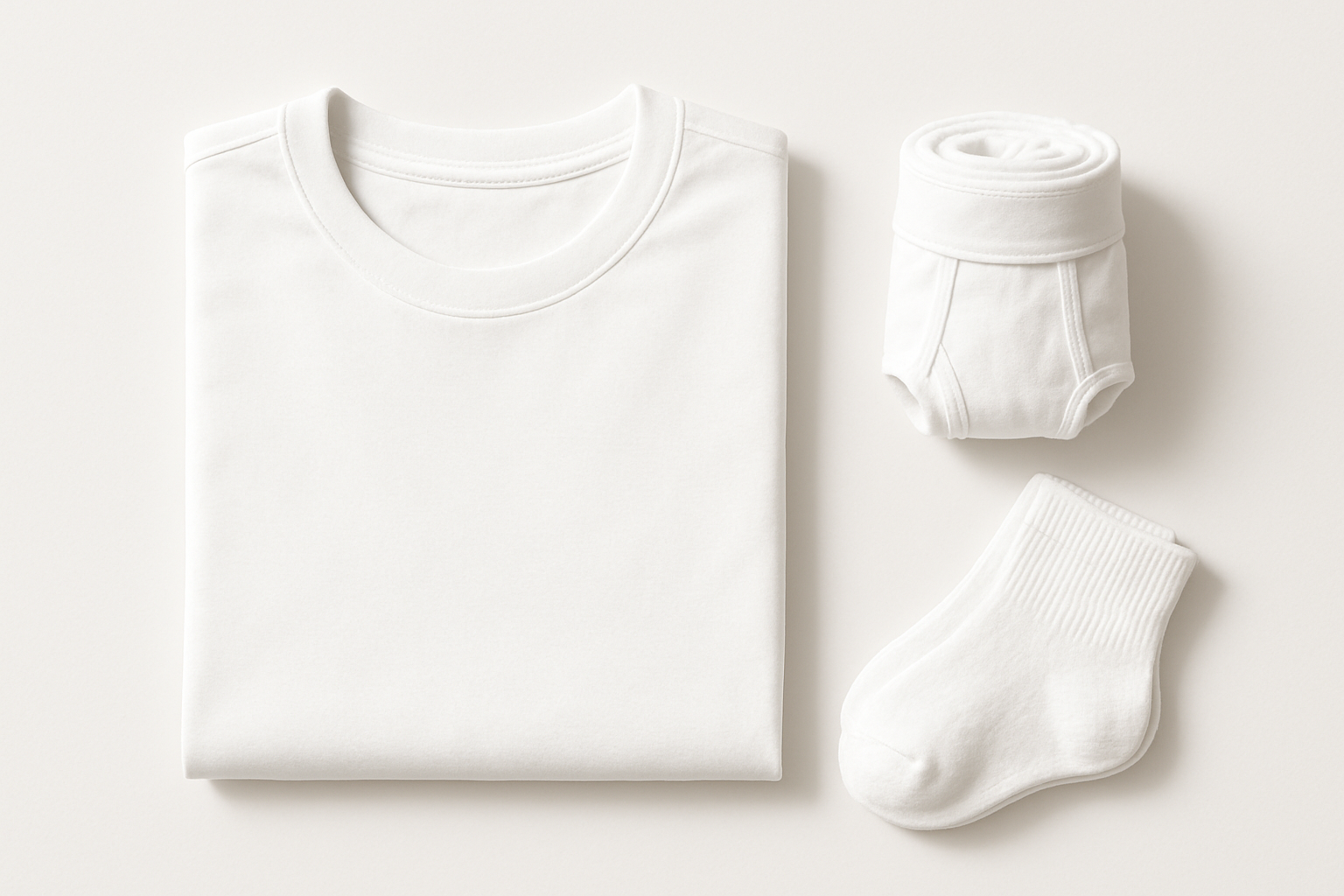 Creat an image that features our men's bundle for a t-shirt, underwear, and socks. all colors are white. keep the underwear rolled up