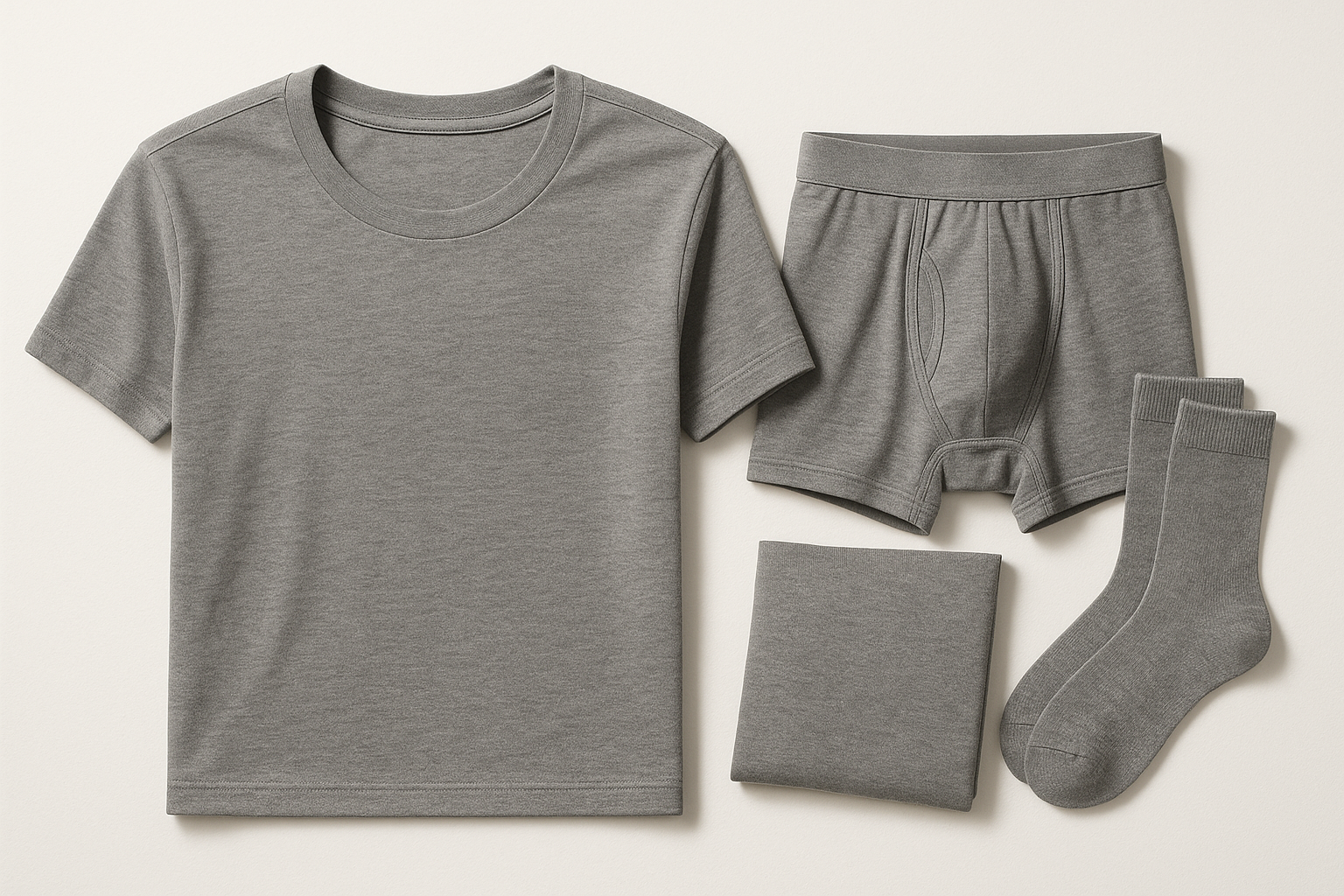 create an image that features our men's casual travel bundle of tshirt, underwear, and socks. the colors are grey