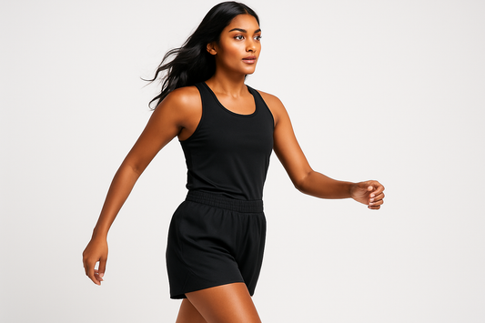 Women’s Athletic Shorts modeled by indian woman make it not leggings but shorts like soccer shorts