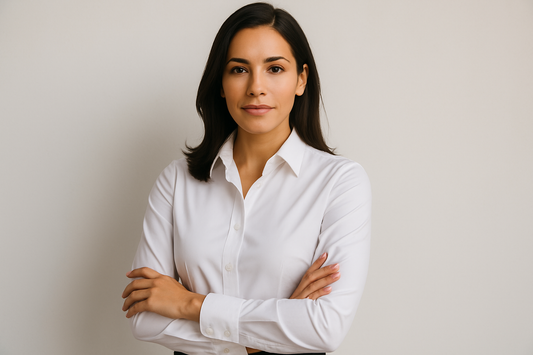 women's dress shirt with hispanic woman wearing it